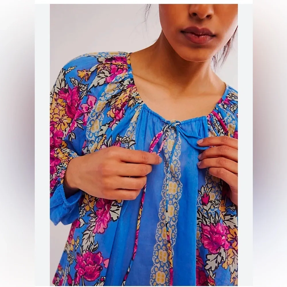 Free People Elena Print top drawstring floral blouse Small
